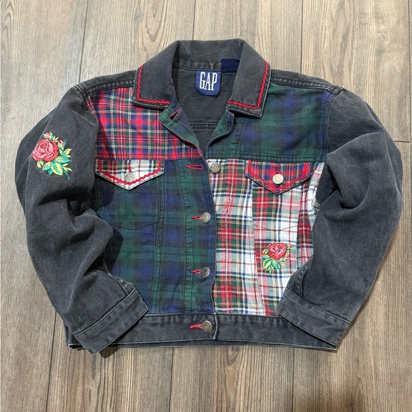 GAP Jackets & Blazers - Vintage 90s GAP Patchwork Plaid Denim Jacket Rose Cropped M RARE